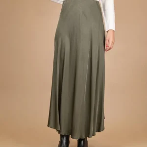 GONNA MIDI IN RASO VERDE MILITARE