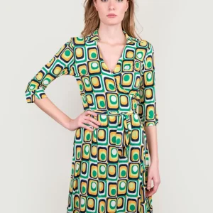 Abito kimono in fantasia optical verde multicolor