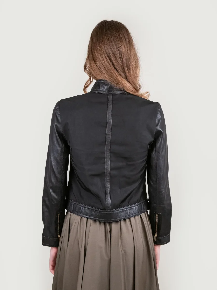 GIUBBOTTO MODELLO BIKER IN PELLE E NYLON NERO - immagine 4