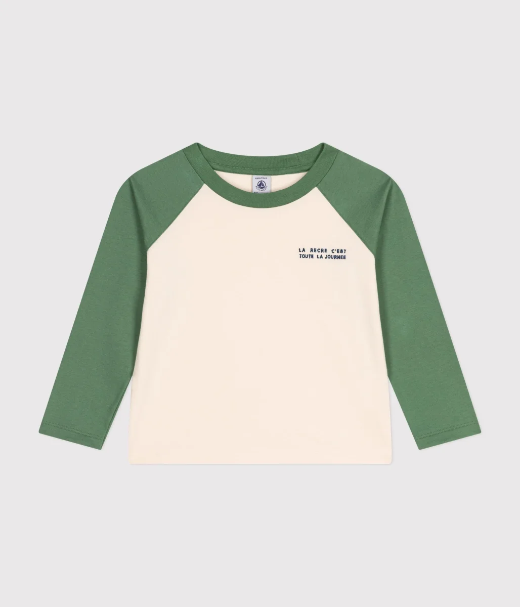 T-shirt bianca e verde a maniche lunghe in jersey sottile bambino