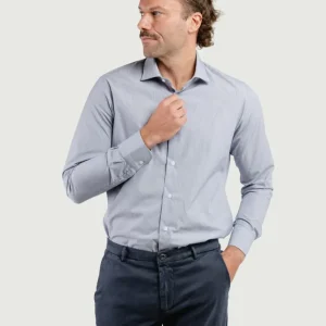 CAMICIA SLIM IN TWILL DI COTONE CON FANTASIA MICRORIGA BLU