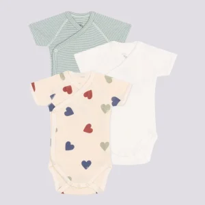 CONFEZIONE DA 3 BODY INCROCIATI IN COTONE BEBÈ CUORI E RIGHE