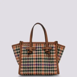 Borsa a mano Miss Marcella in tessuto Pied de Poule tabacco