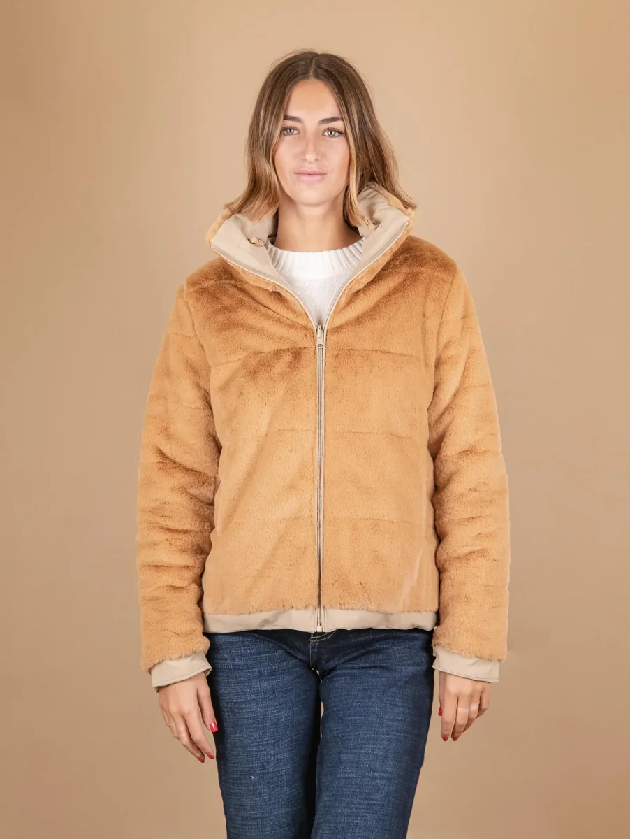 GIUBBOTTO REVERSIBILE IN TESSUTO TECNICO E ECO-PELLICCIA BEIGE - immagine 5