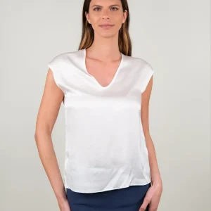 BLUSA CON SCOLLO A V E MANICA CORTA IN RASO BIANCA