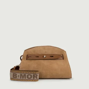 BORSA A TRACOLLA IN CAMOSCIO beige CON INSERTI IN PELLE CUOIO "SOPH"