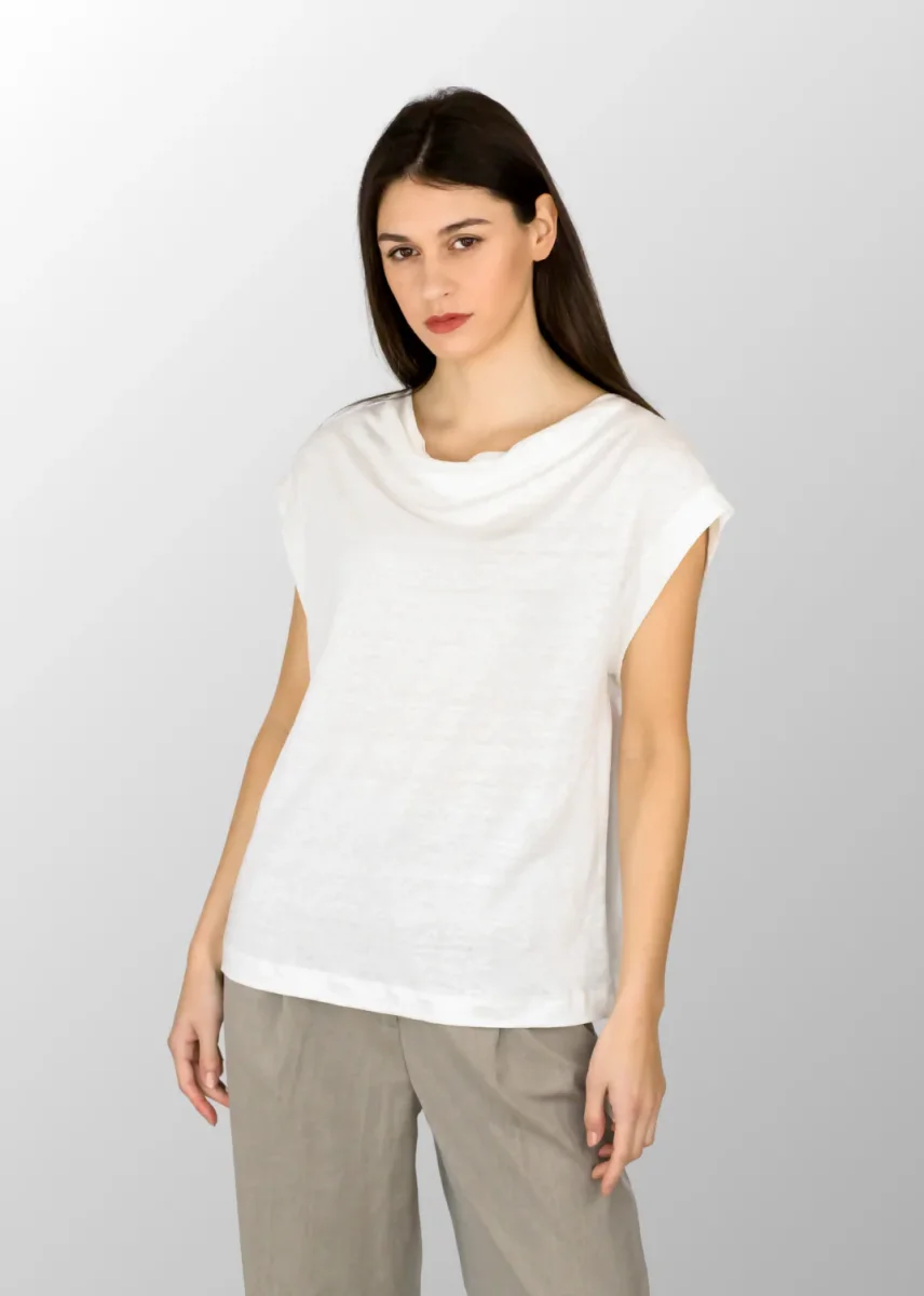 Maglia manica corta Martina con scollo a cascata in Puro Lino