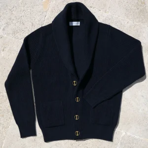 Maglione cardigan costa inglese lana 100% e bottoni gioiello - Blu Zero